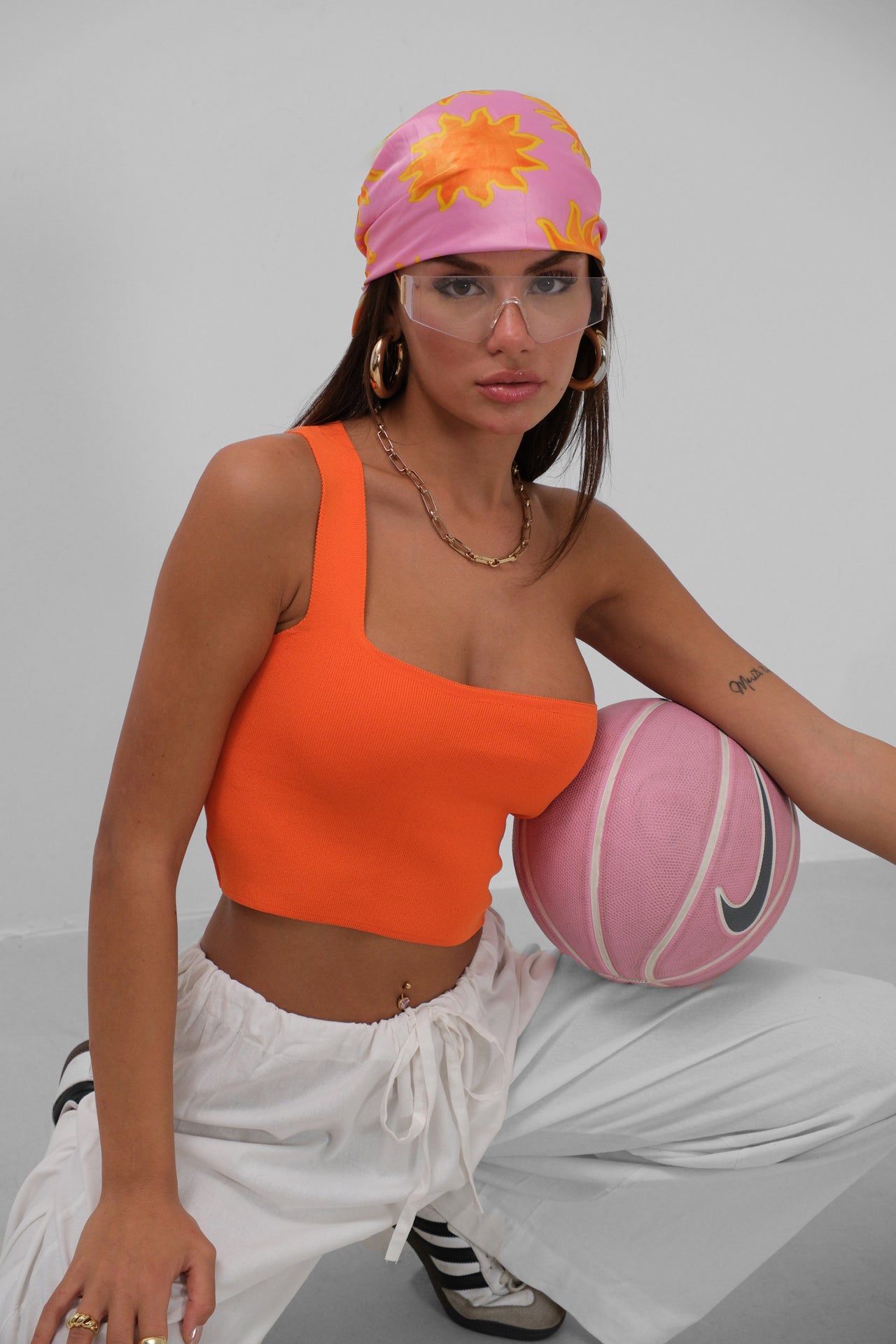 Einseitige Orange Cropped Bluse für Frauen