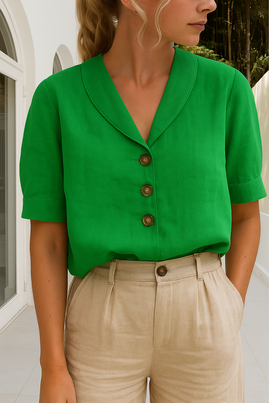 Celyra | Stylish Cotton-Linen Blouse with Button-Front Detail for Women