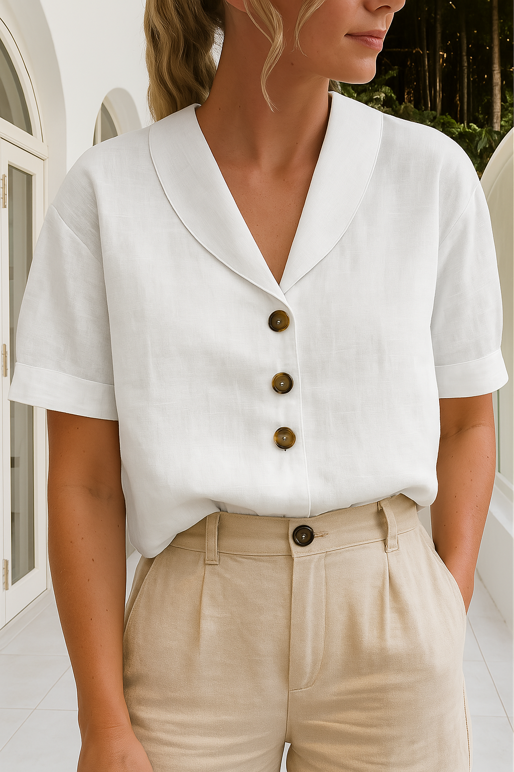 Celyra | Stylish Cotton-Linen Blouse with Button-Front Detail for Women