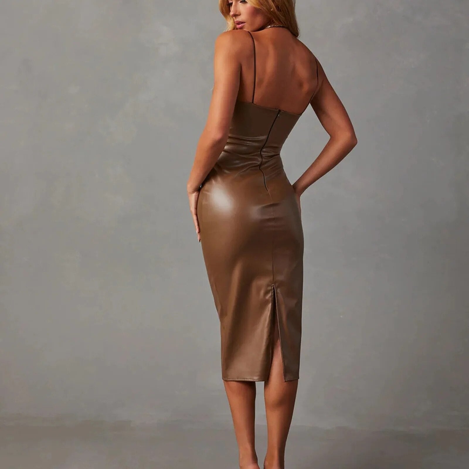 Lacey | Elegant Leather Midi Gala Dress with Split, Perfect for Every Occasion