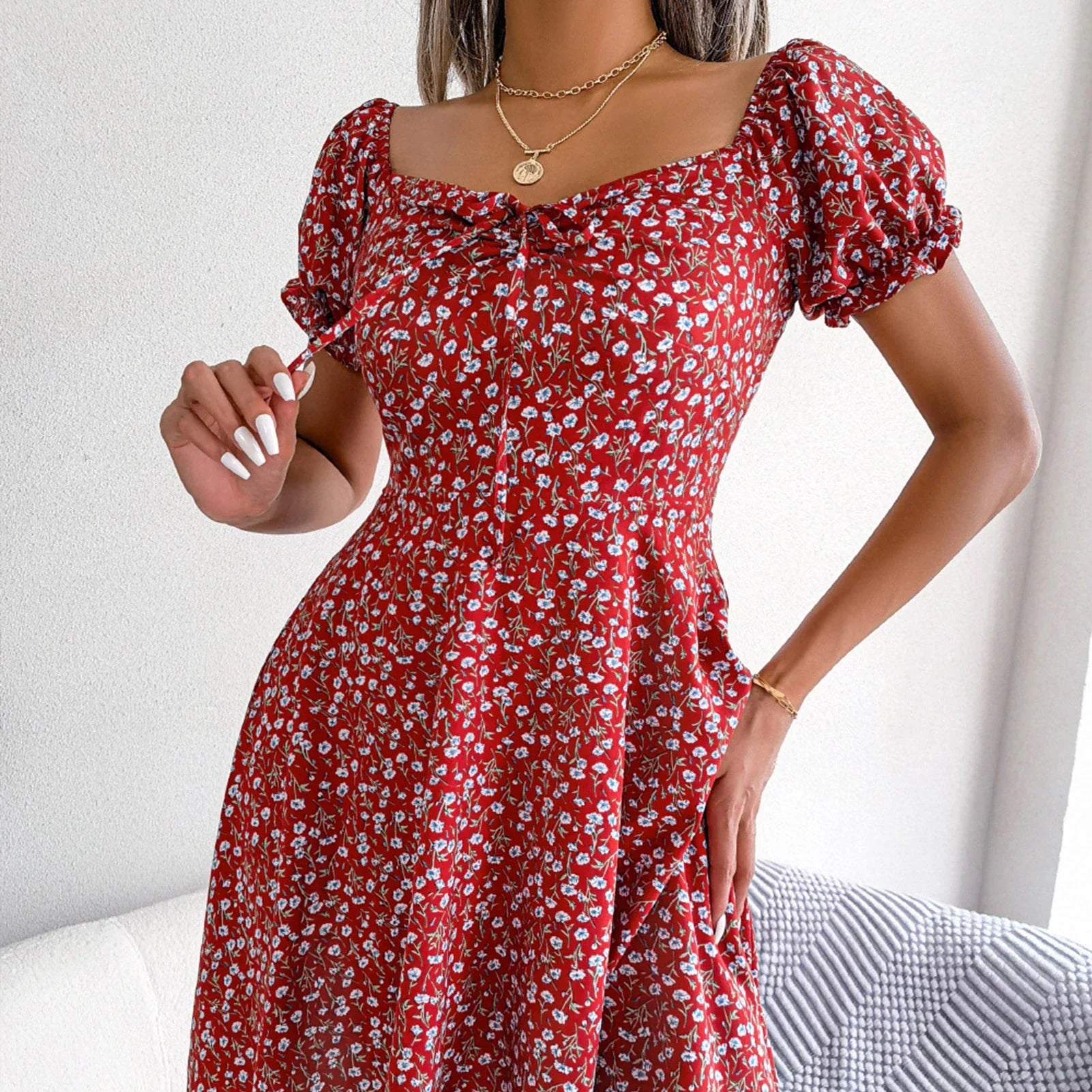 Alexa | Stylish Square Neckline Mini Dress with Elegant Lace Detail