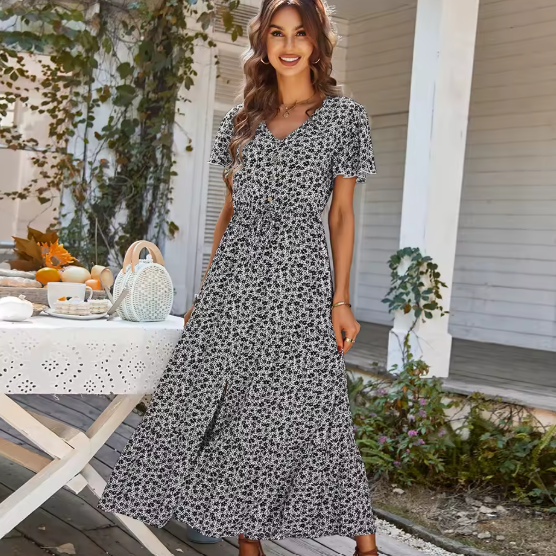 Allison | Flattering V-Neck, Boho Slit Maxi Dress