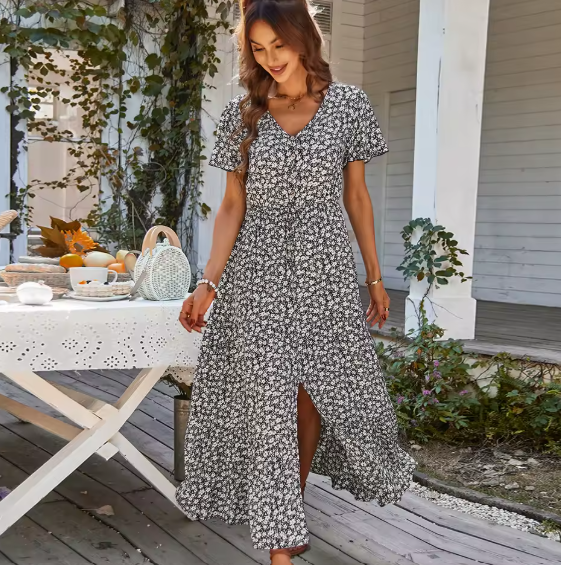 Allison | Flattering V-Neck, Boho Slit Maxi Dress