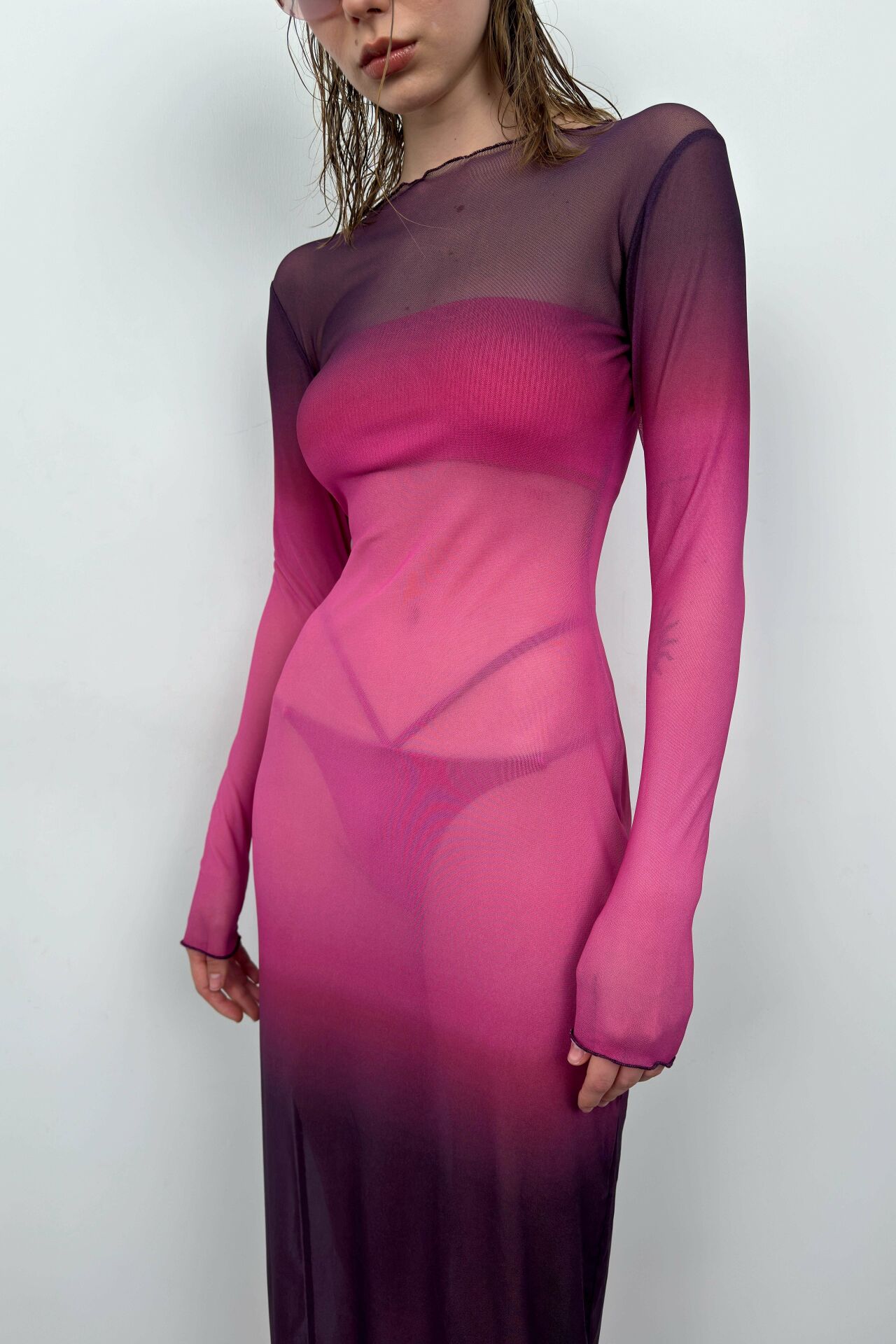 Tulle Detail Printed Pink Midi Dress