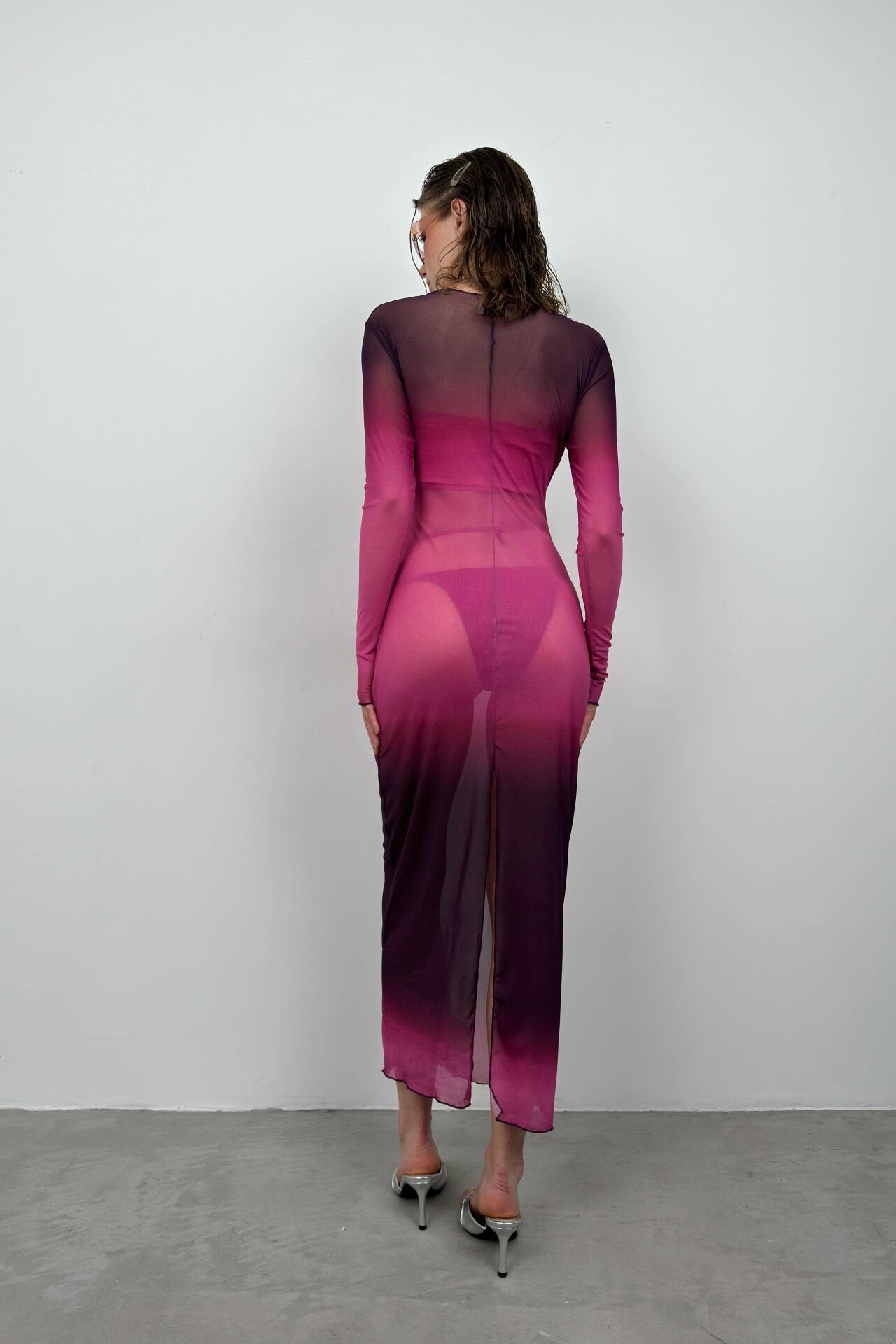 Tulle Detail Printed Pink Midi Dress