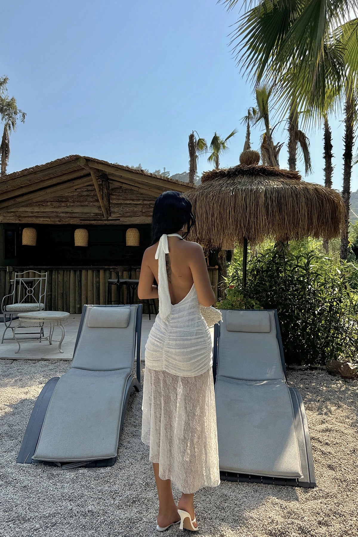 V-Neck White Lace Midi Dress