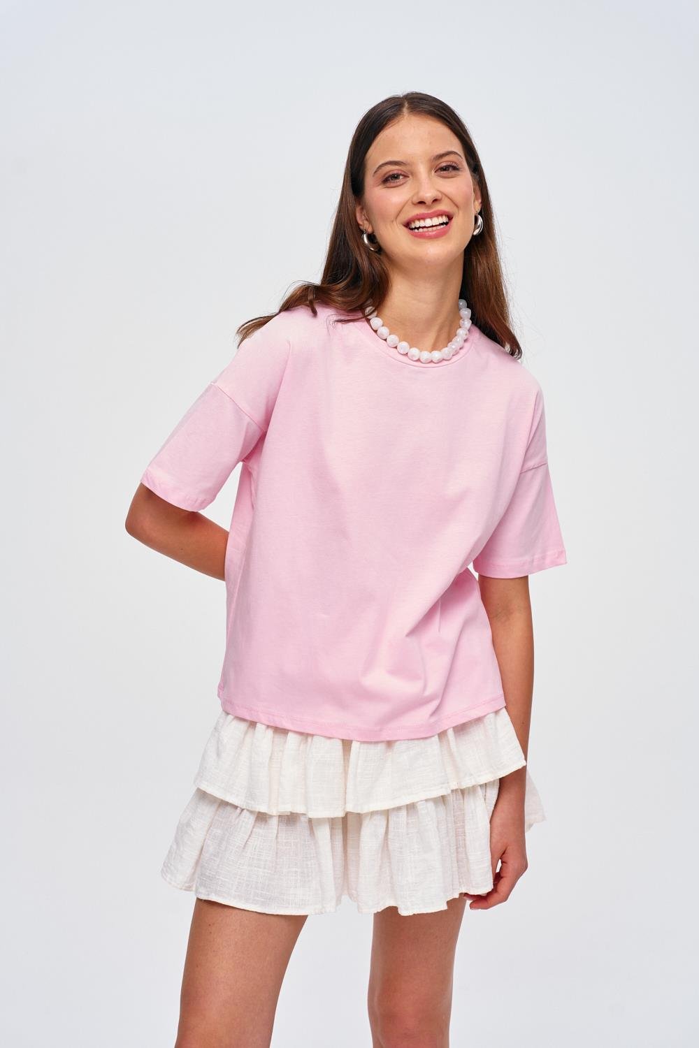 Crew Neck Basic Pink T-Shirt for Women