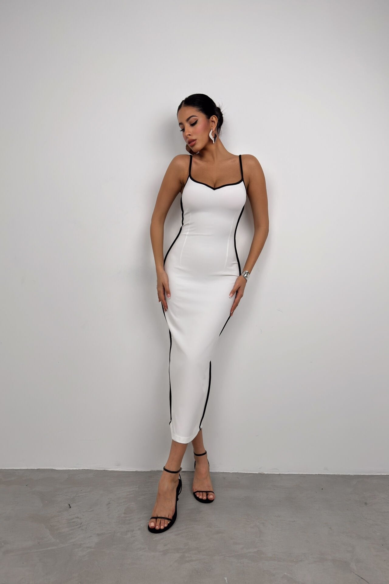 Strapped White Midi Dress with Black Accents