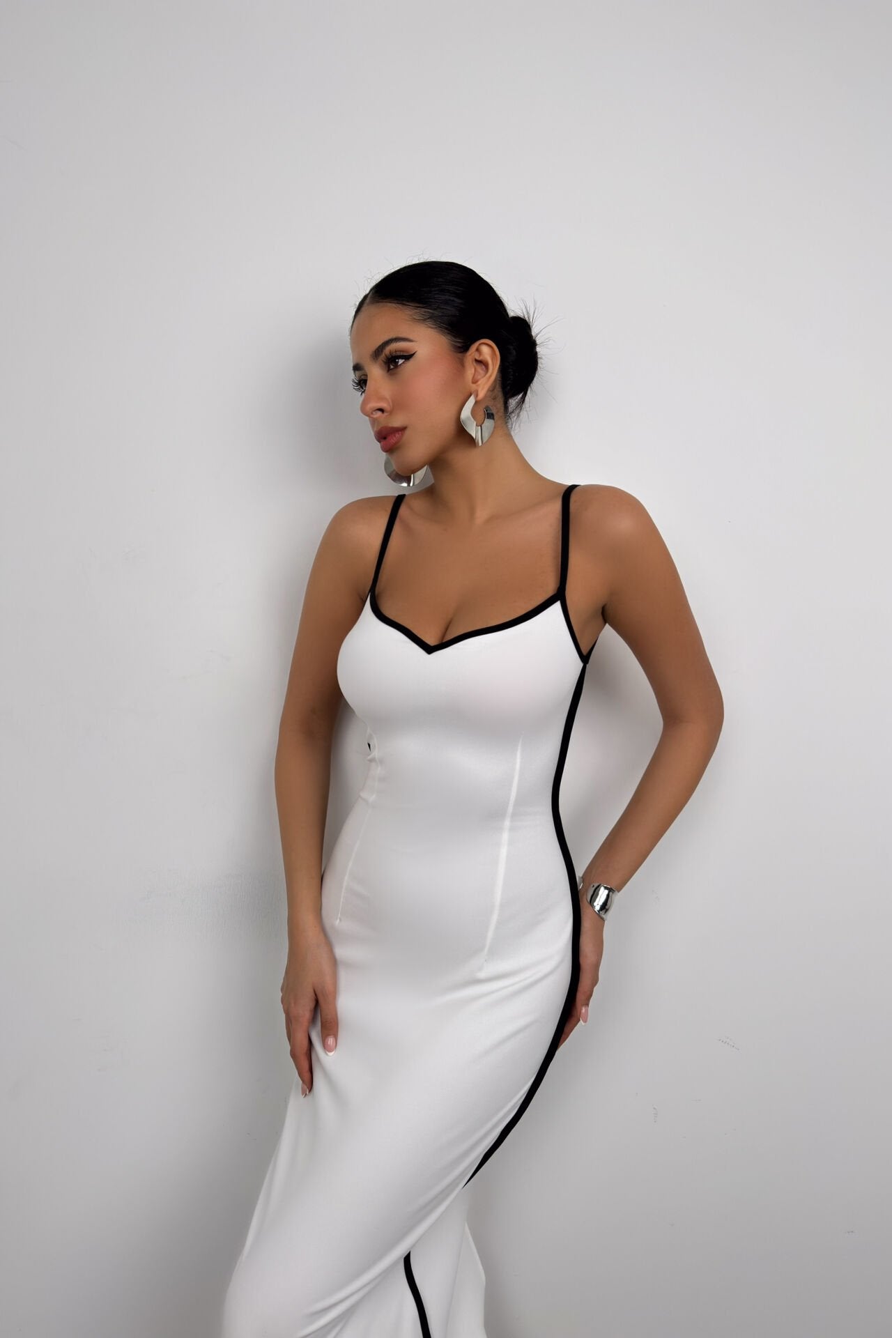 Strapped White Midi Dress with Black Accents