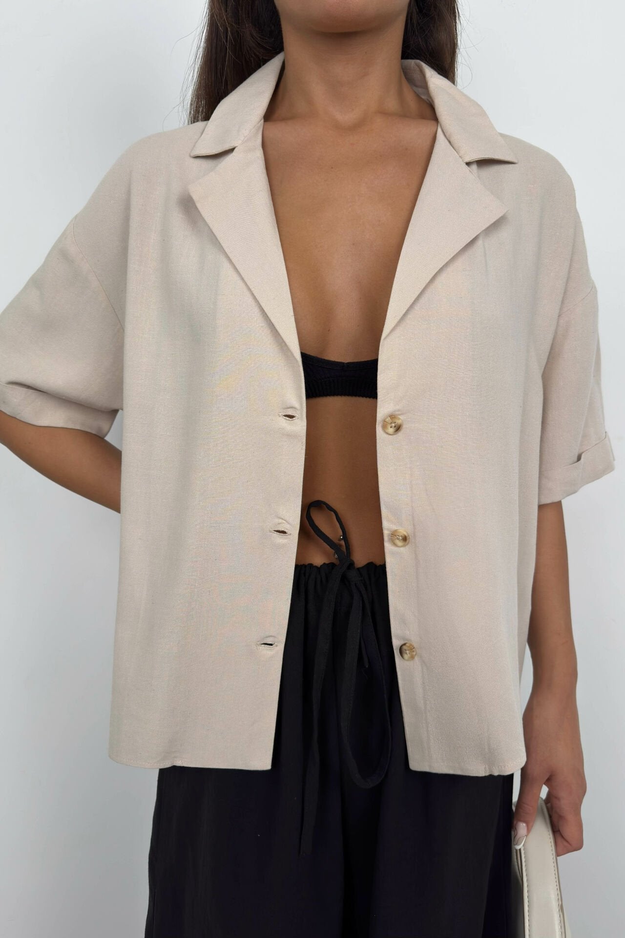 Button-Front Beige Linen Jacket for Women