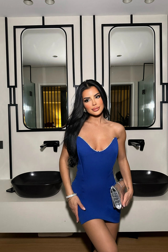 Stone Detailed Blue Strapless Mini Dress
