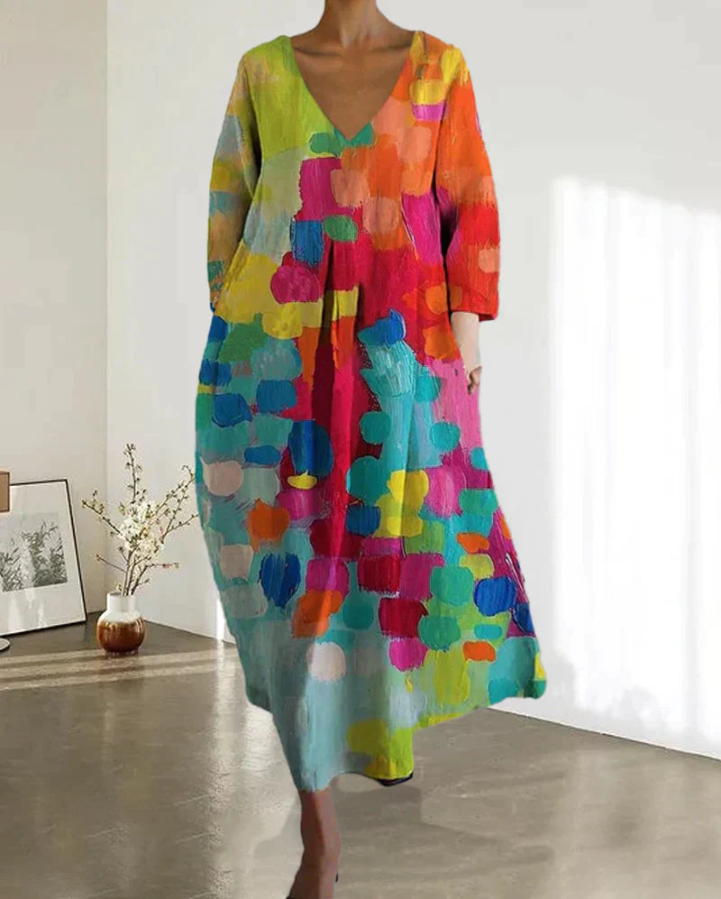 Anastasia | Vibrant Multicolored V-Neck Midi Dress