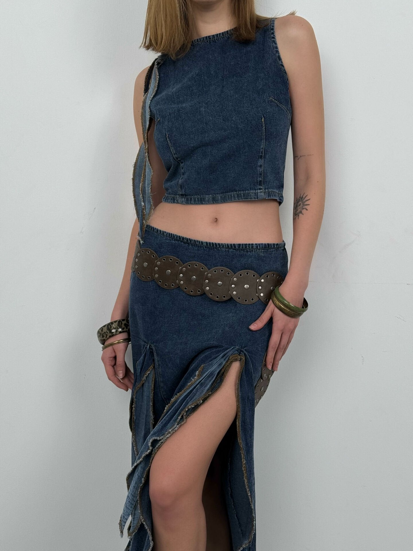 Ruffle Detail Dark Blue Denim Skirt