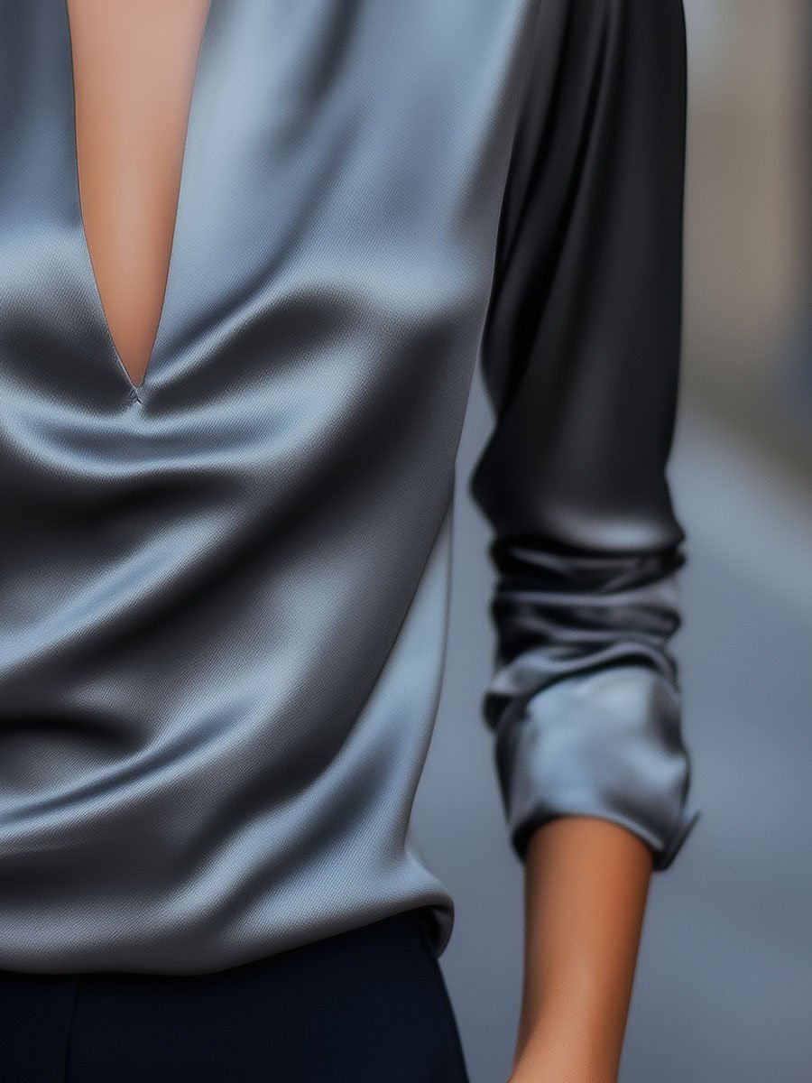 Silver | Luxurious Satin Blouse with V-Neck Design for Women