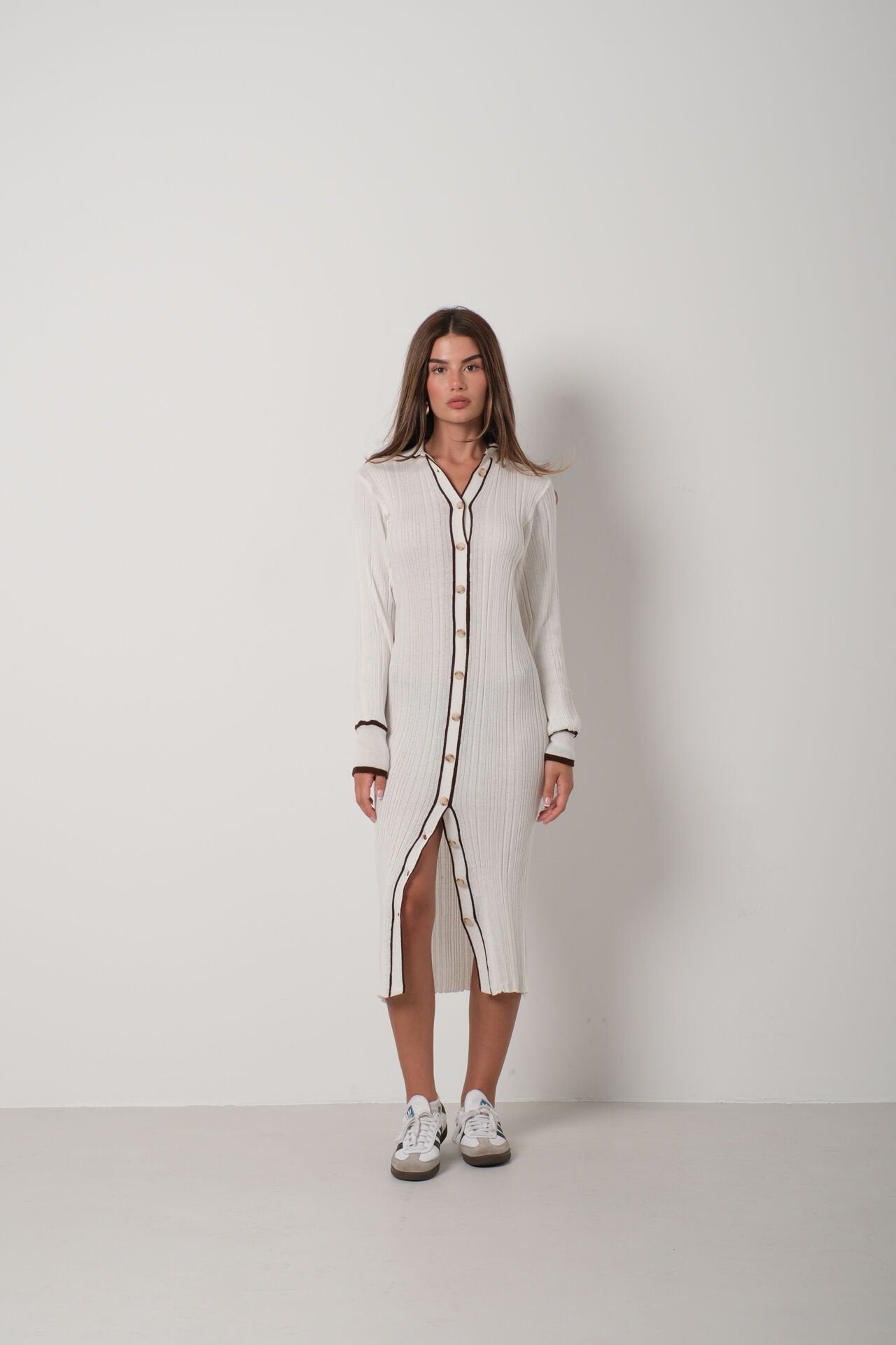 Polo Neck Detail Buttoned White Midi Dress