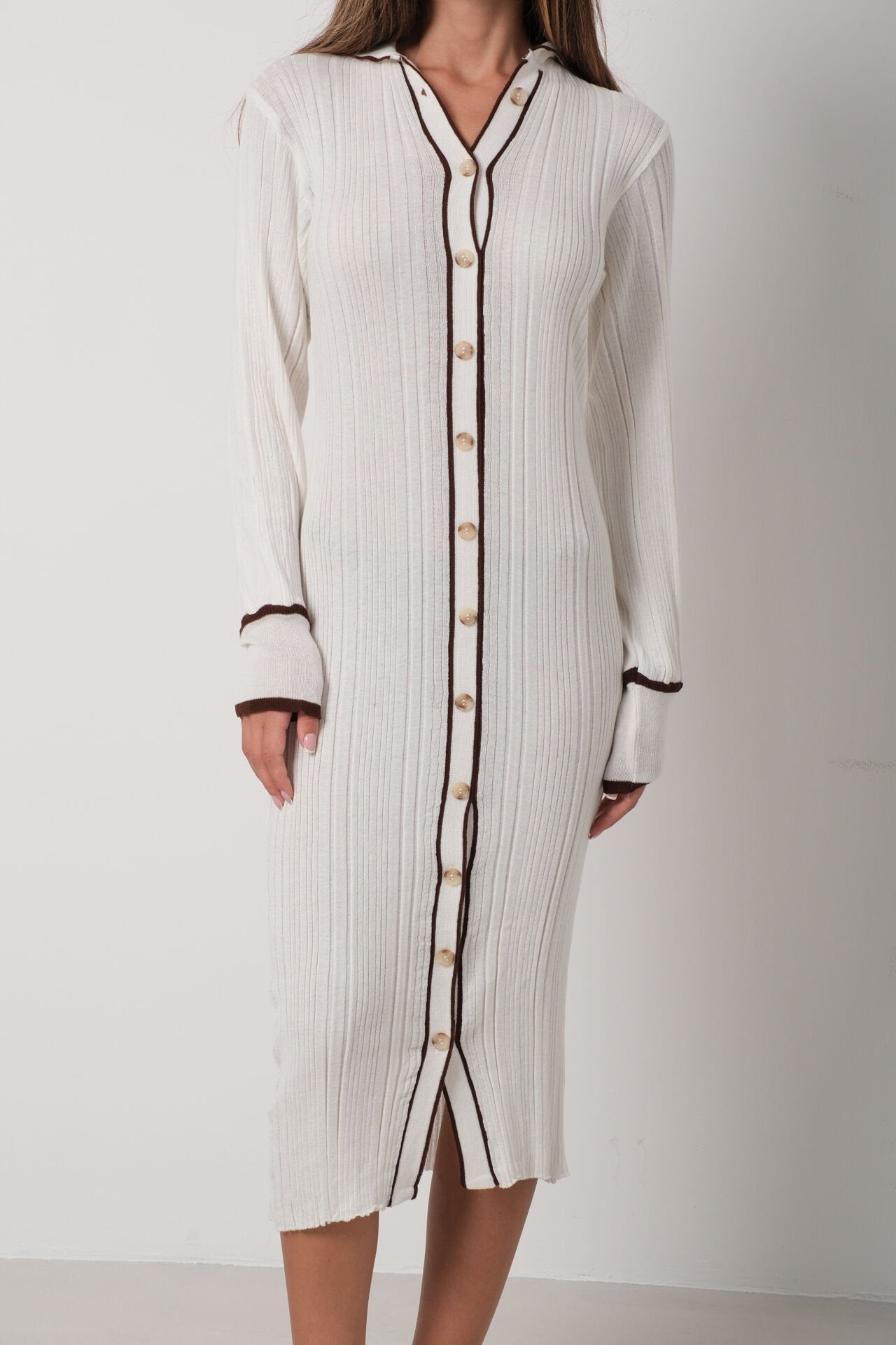 Polo Neck Detail Buttoned White Midi Dress