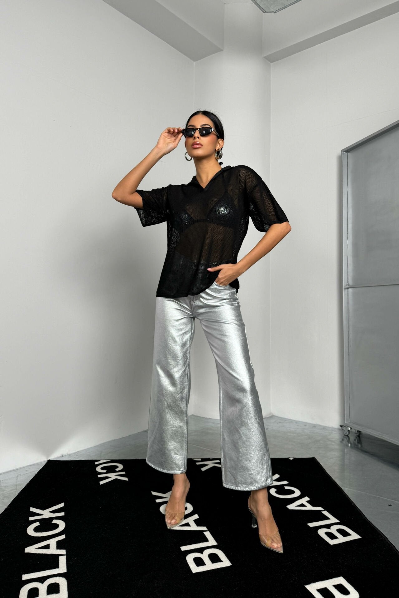Polo Neck Transparent Black T-Shirt for Women