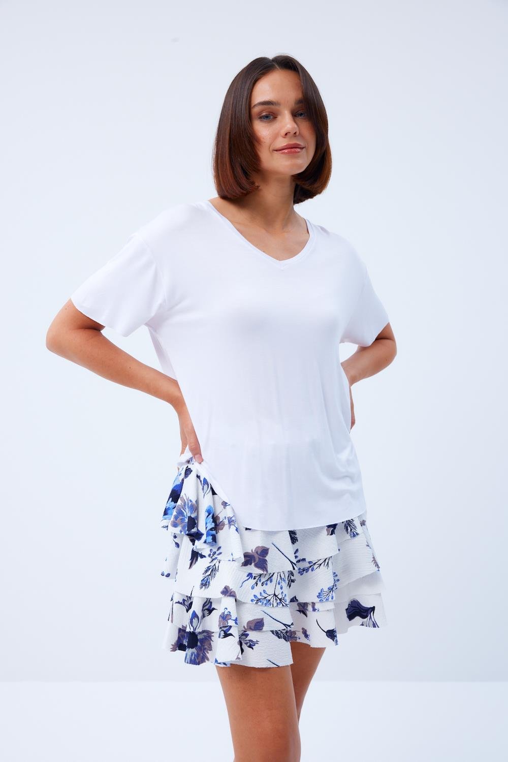 V-Neckline Basic Soft Textured White T-Shirt for Women