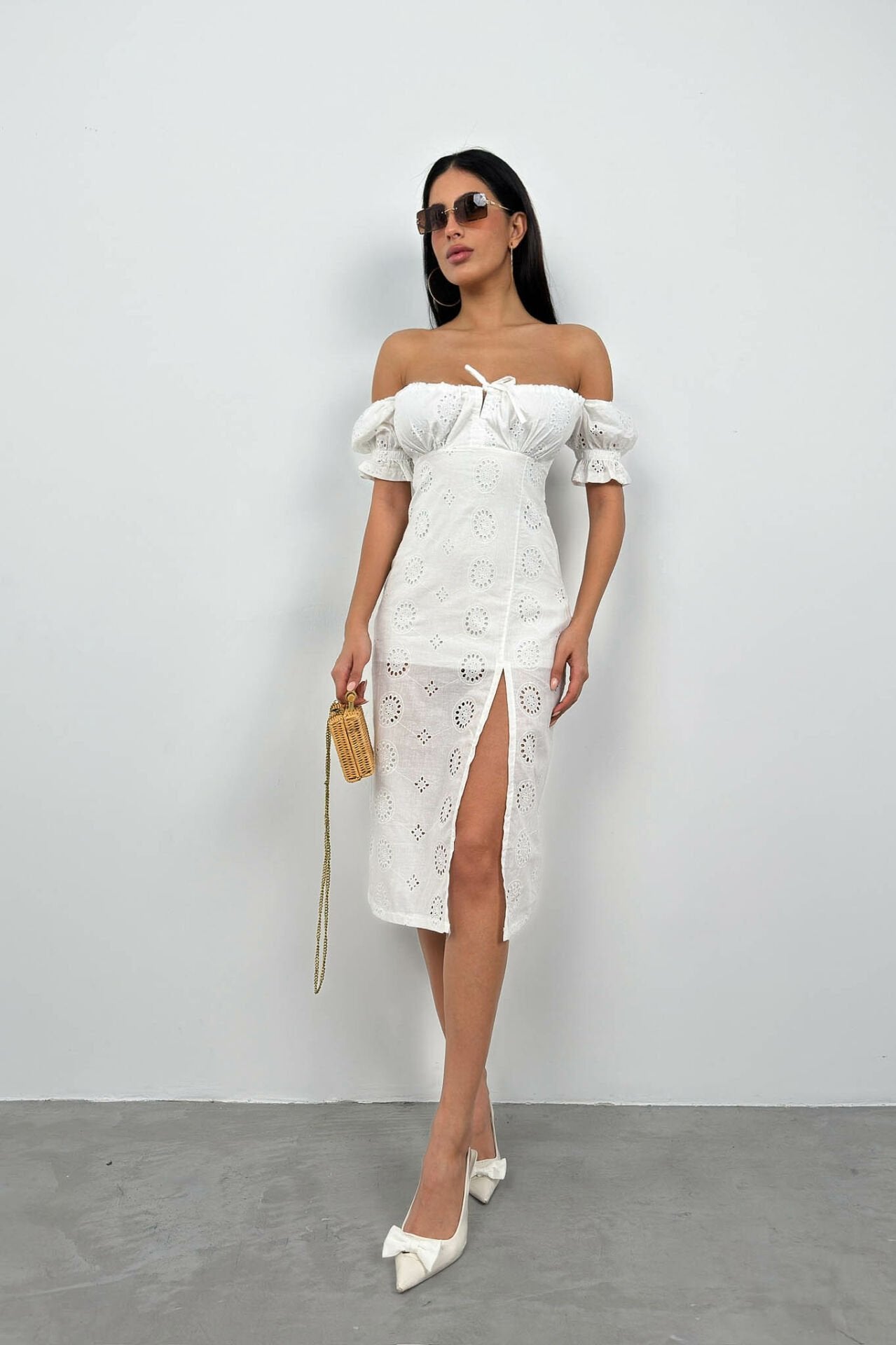 Slit Detail White Lace Mini Dress