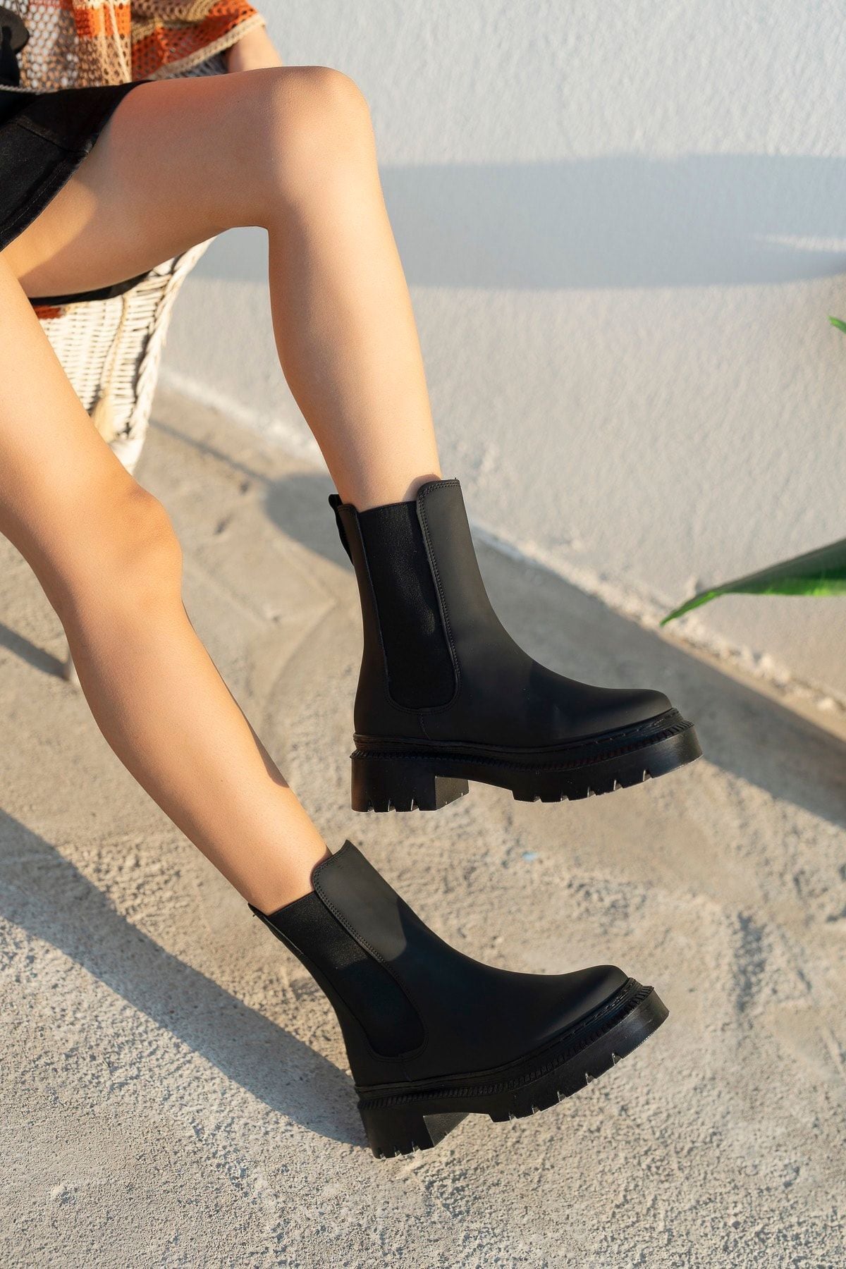 Women's Leather Black Elastic Boots