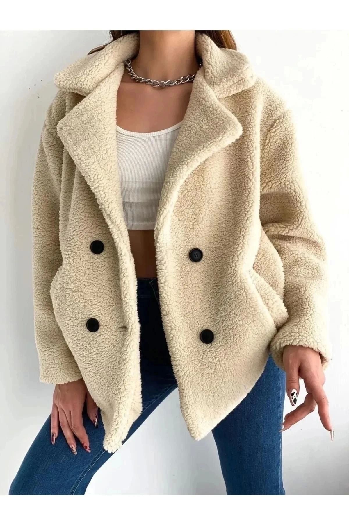 Button Detailed Beige Plush Coat for Women