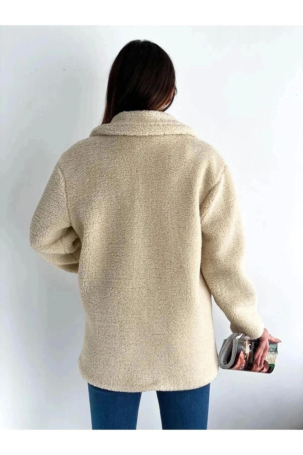 Button Detailed Beige Plush Coat for Women