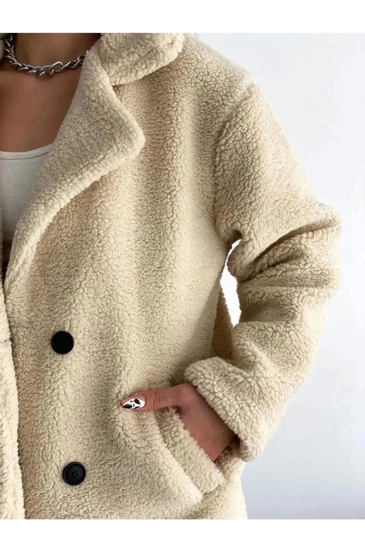 Button Detailed Beige Plush Coat for Women