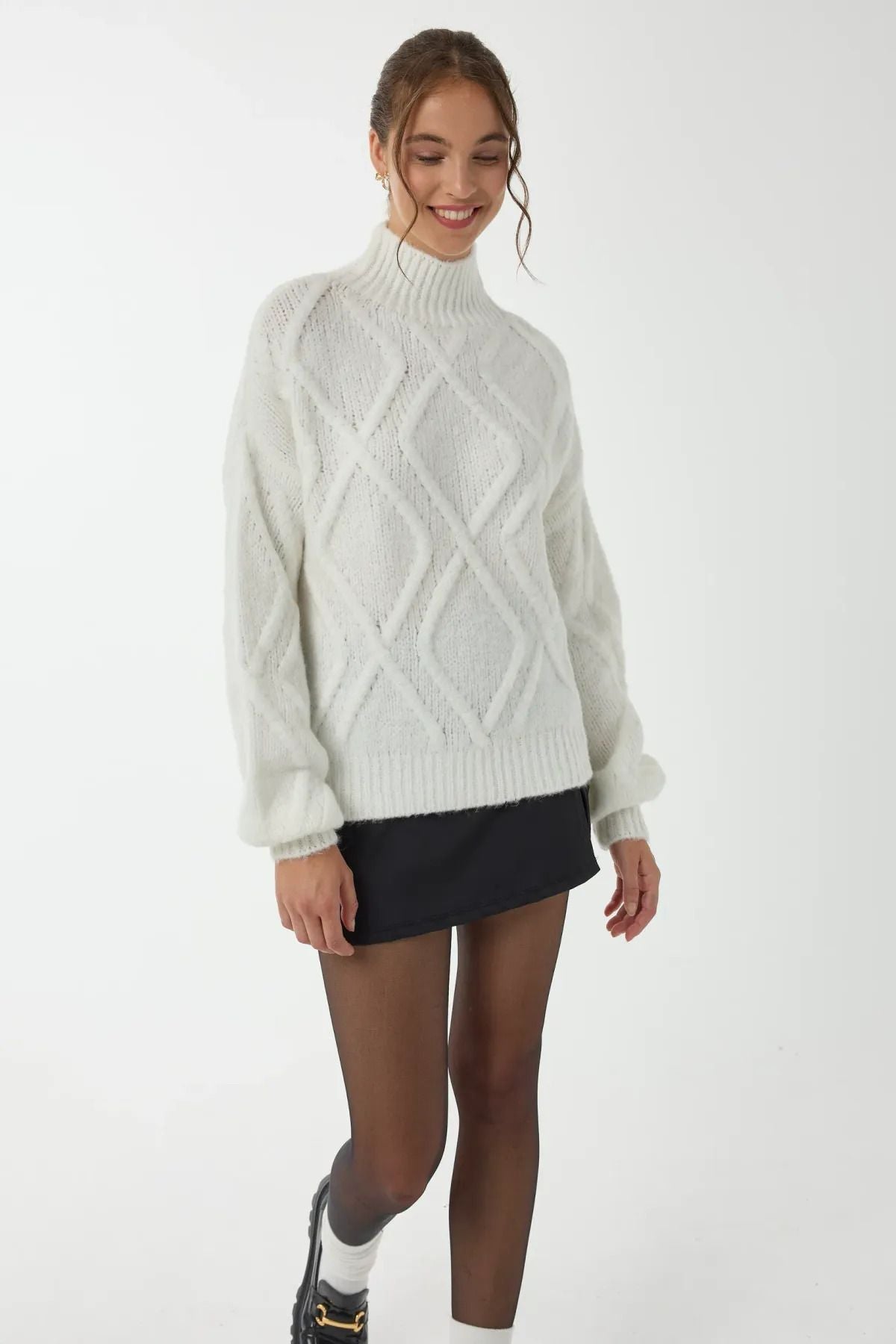 Textured Loose Cut High Neck Sweater