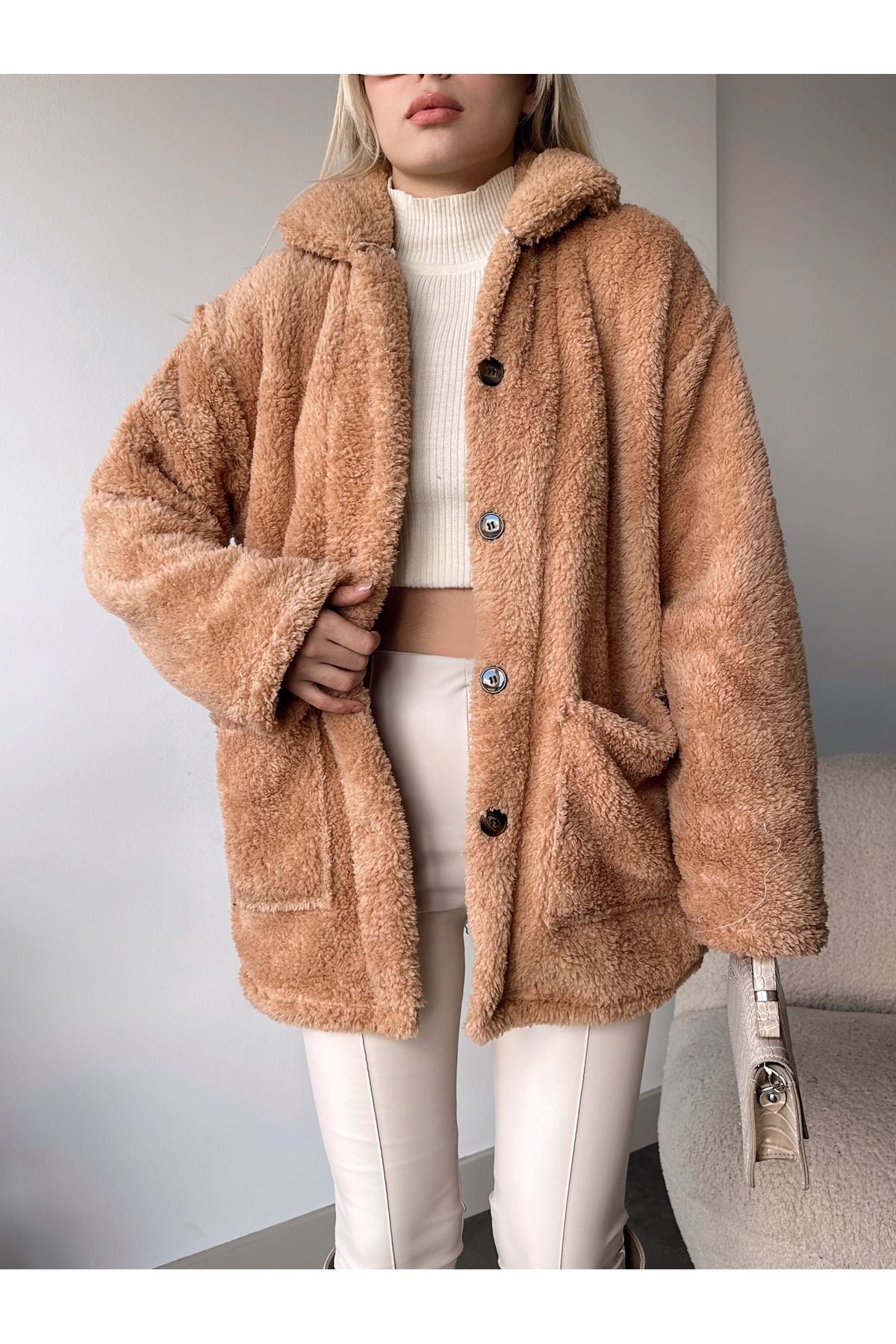 Oversized Button-Front Light Brown Plush Jacket