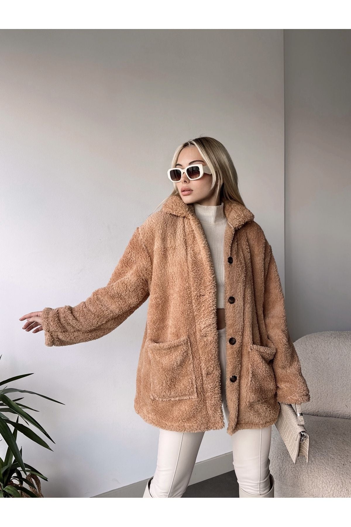 Oversized Button-Front Light Brown Plush Jacket