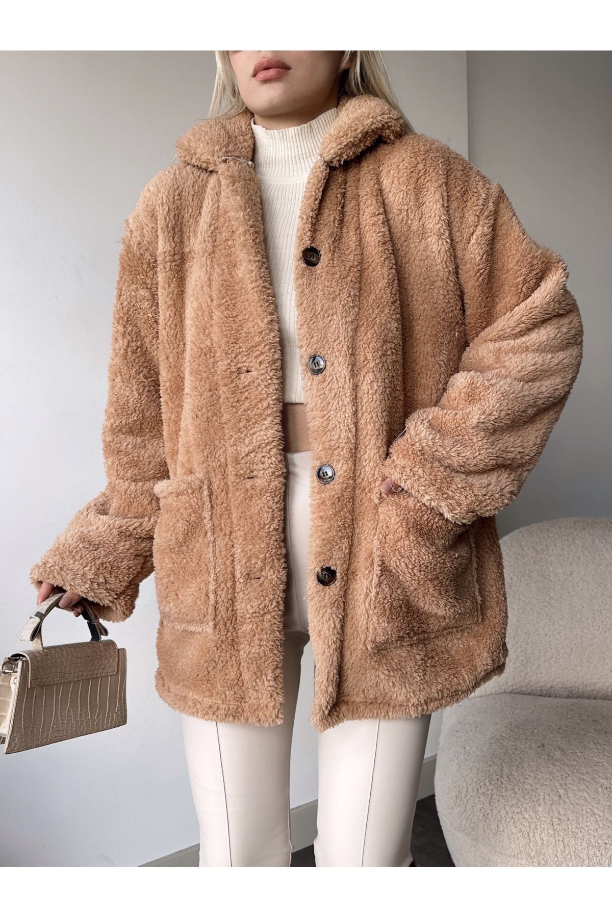 Oversized Button-Front Light Brown Plush Jacket