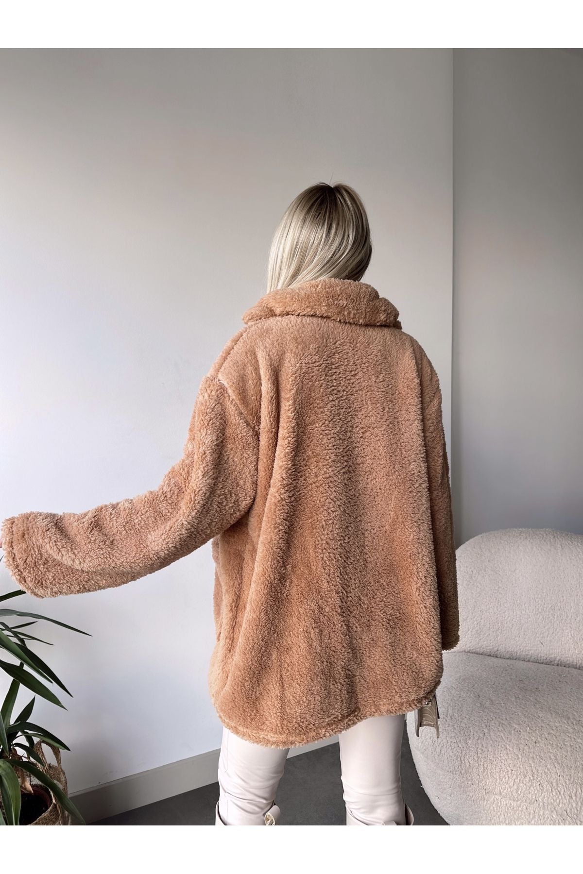 Oversized Button-Front Light Brown Plush Jacket