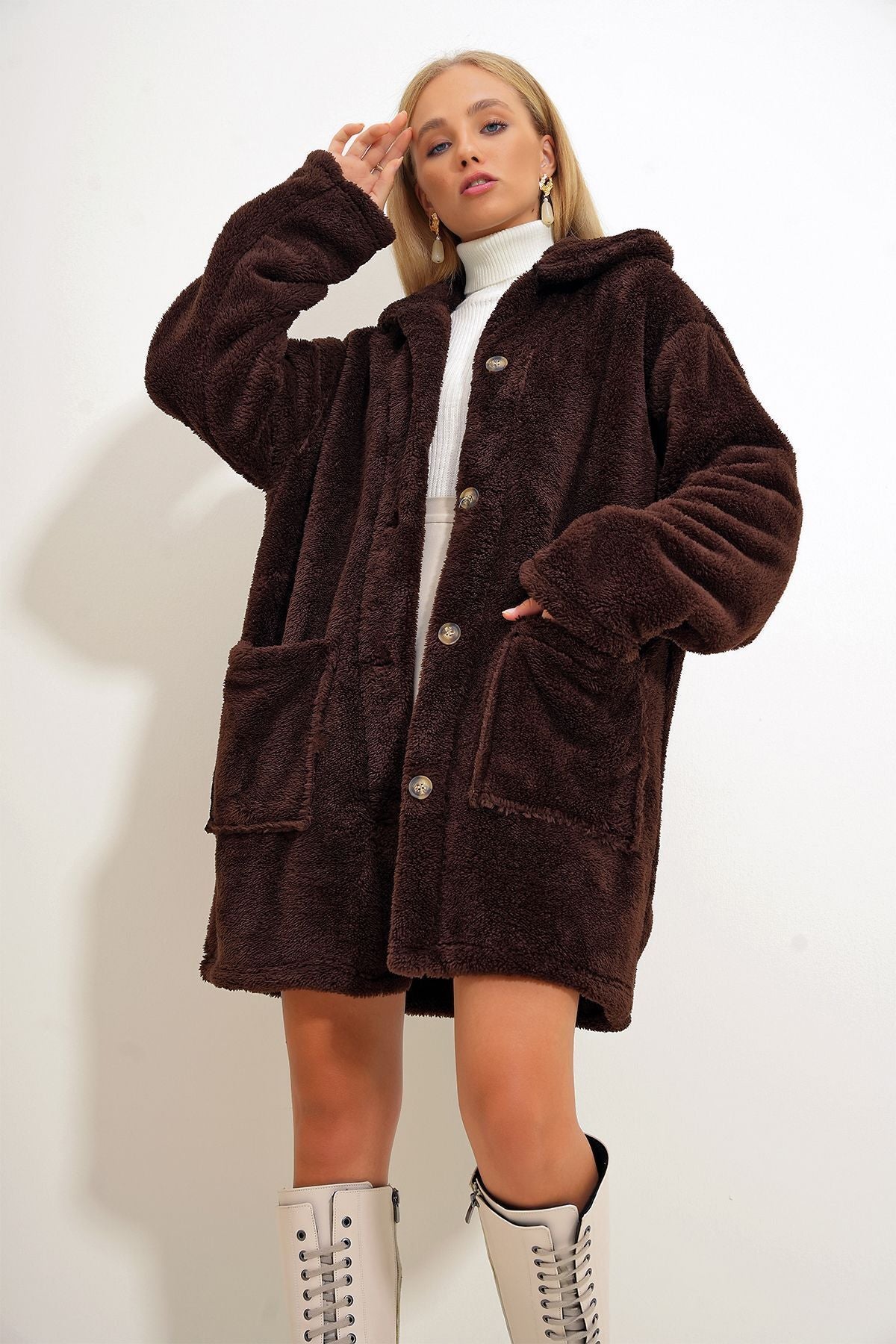 Oversized Button-Front Brown Plush Jacket for Women