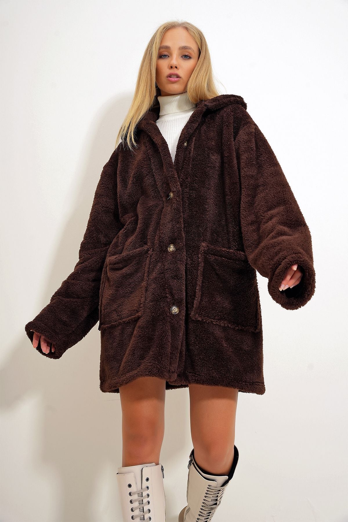 Oversized Button-Front Brown Plush Jacket for Women