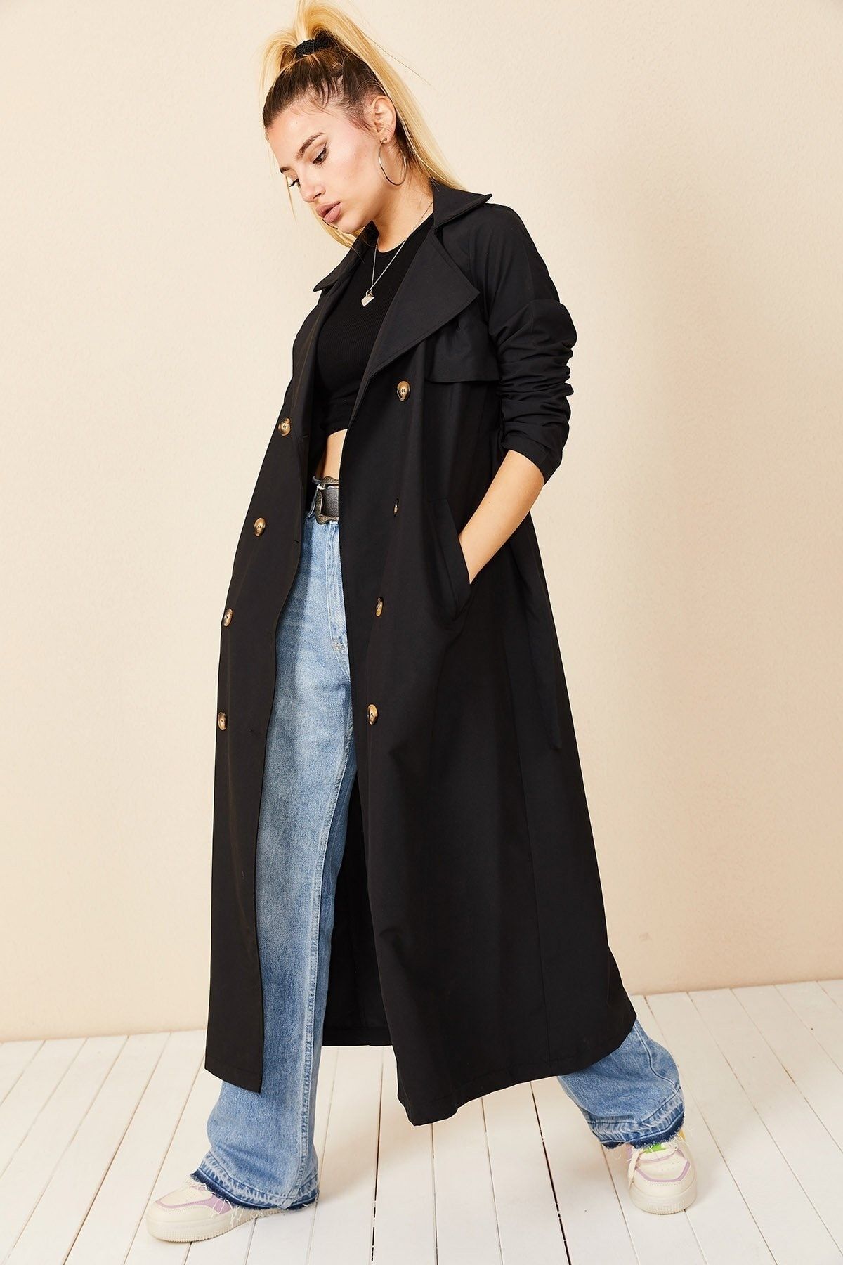 Double-Breasted Button Detailed Black Trench Coat for Women