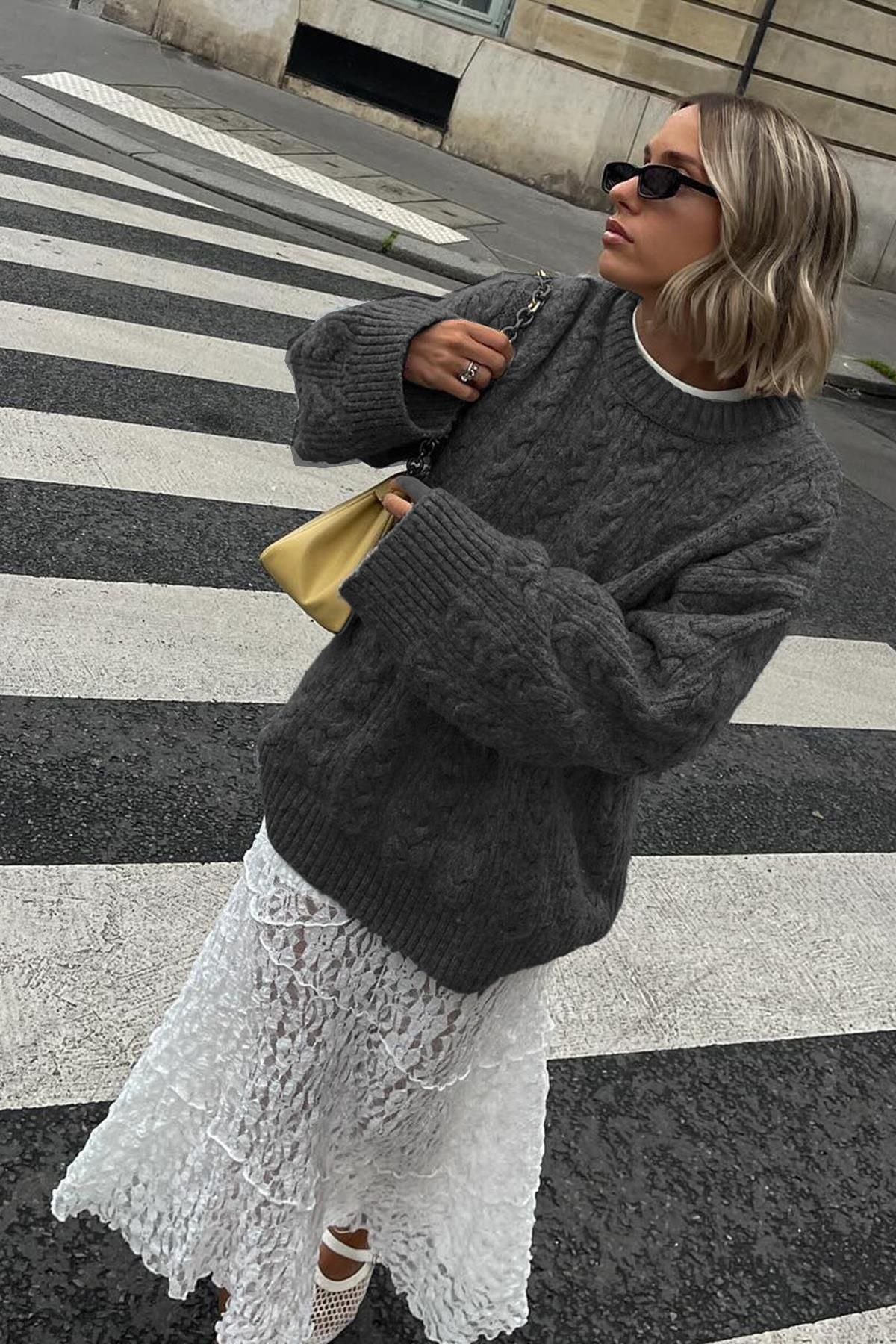 Crew Neck Gray Knitted Women's Sweater