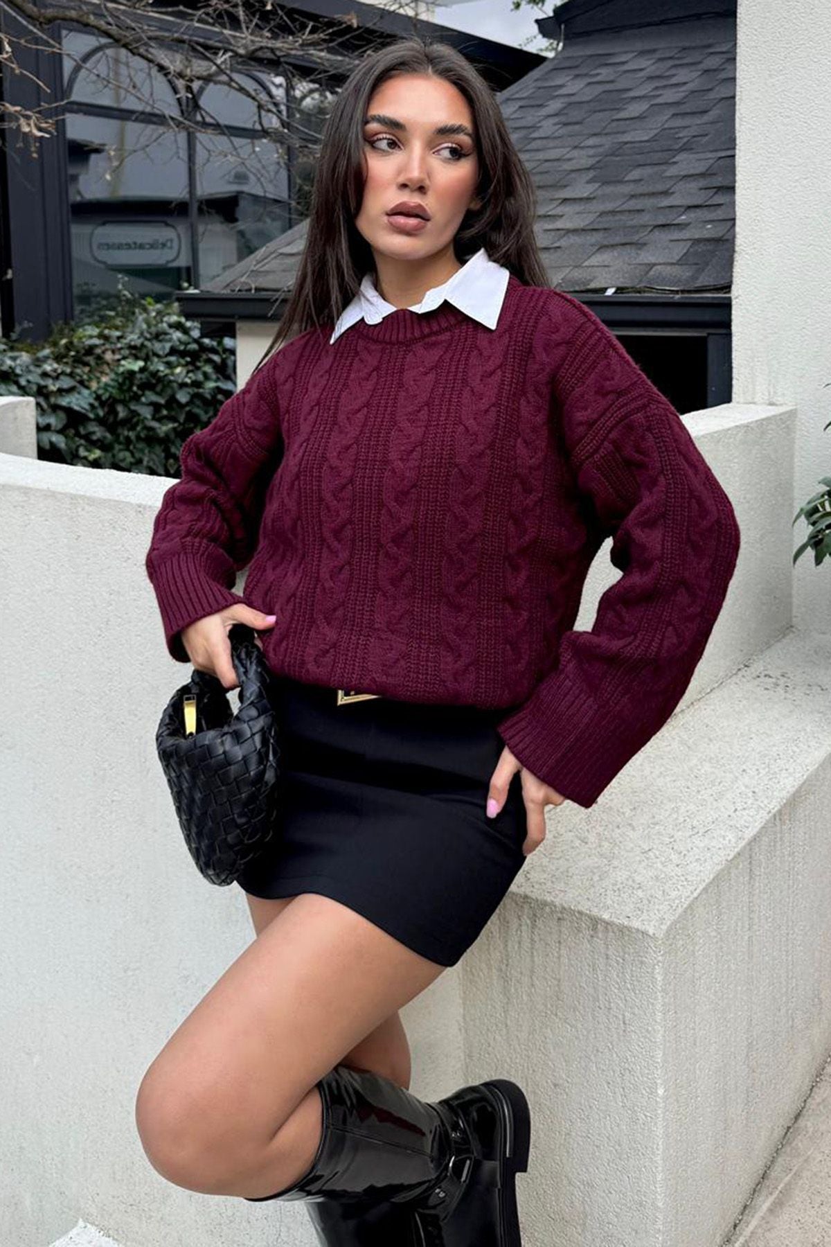 Crew Neck Dark Red Knitted Sweater for Women