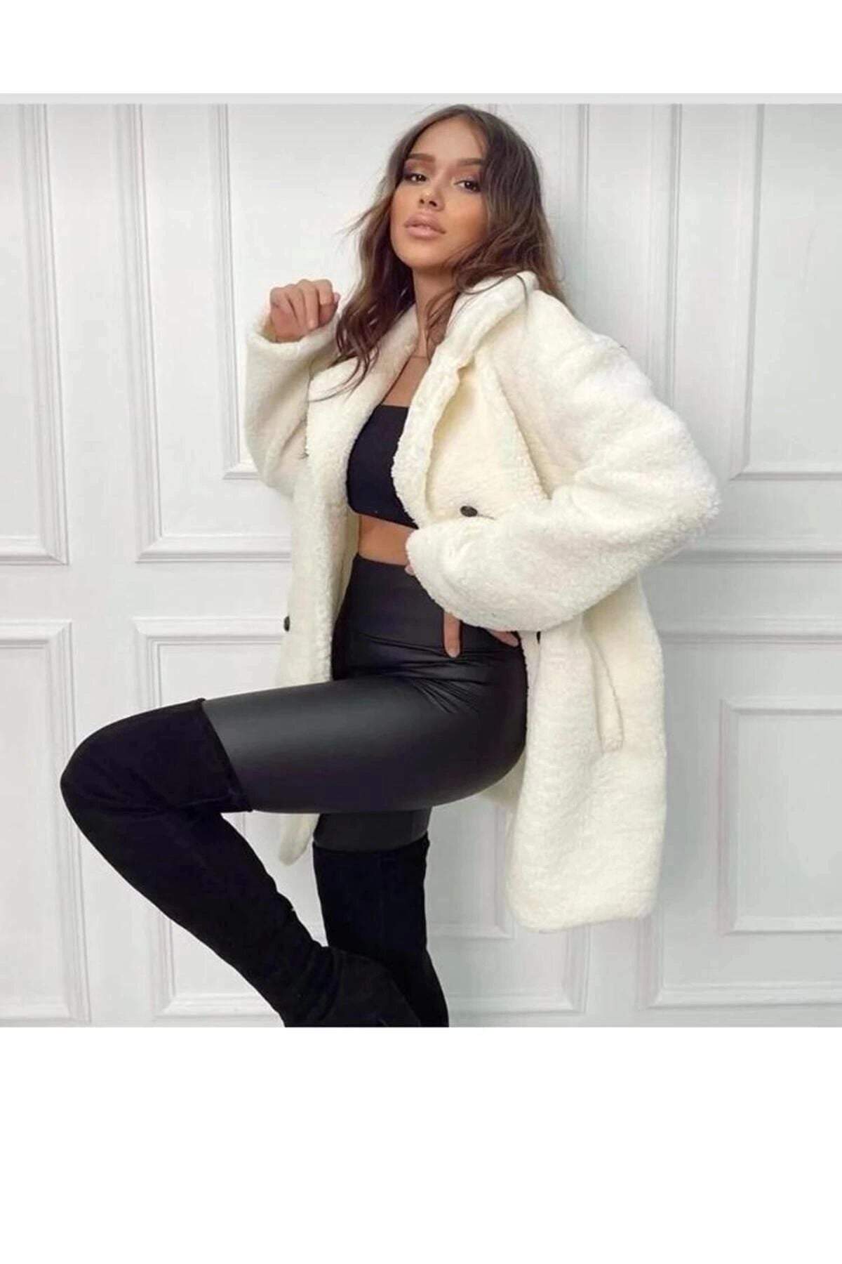 Double-Breasted Buttoned White Plush Coat for Women