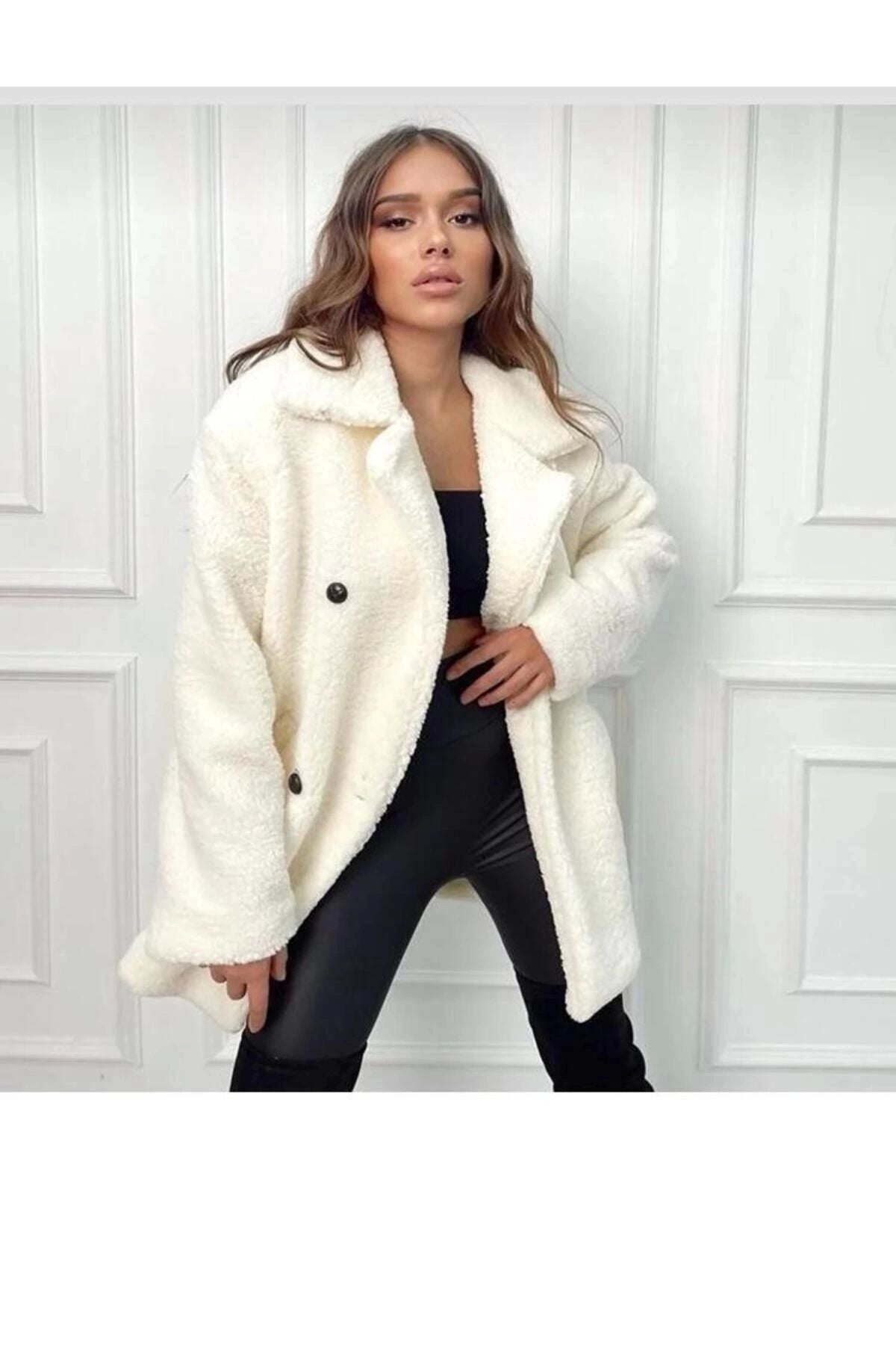 Double-Breasted Buttoned White Plush Coat for Women