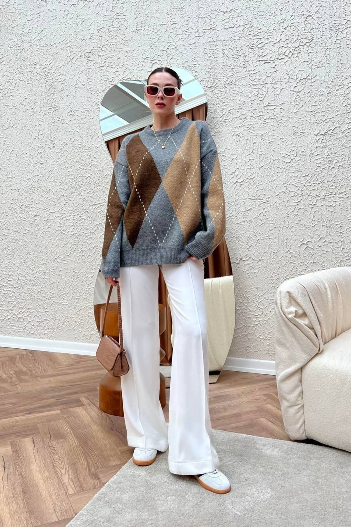 Gray Diamond Patterned Oversize Sweater