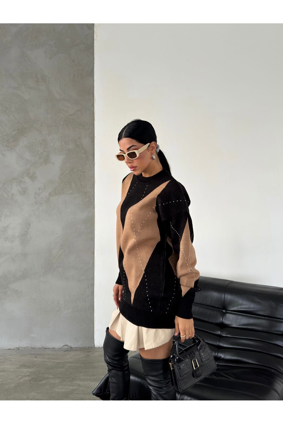 Grauer Diamantmuster Oversize Pullover