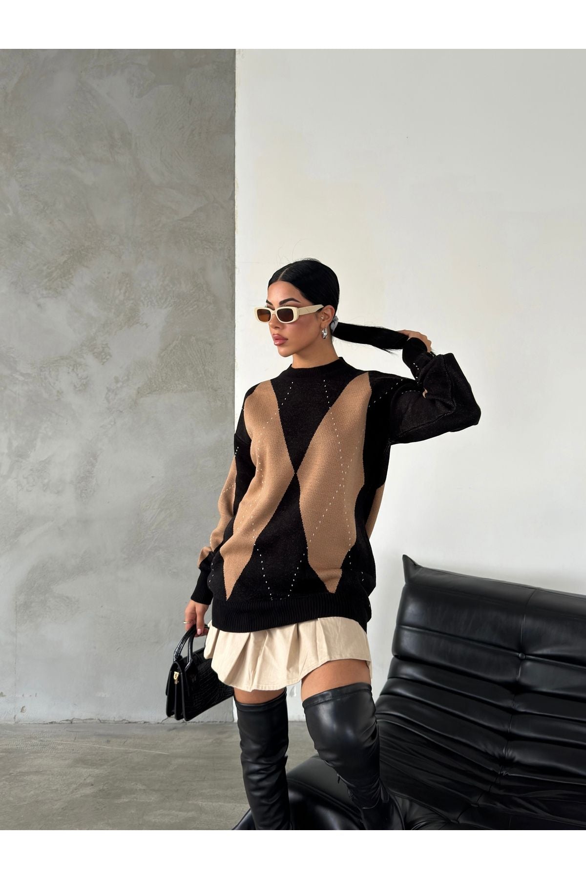 Grauer Diamantmuster Oversize Pullover