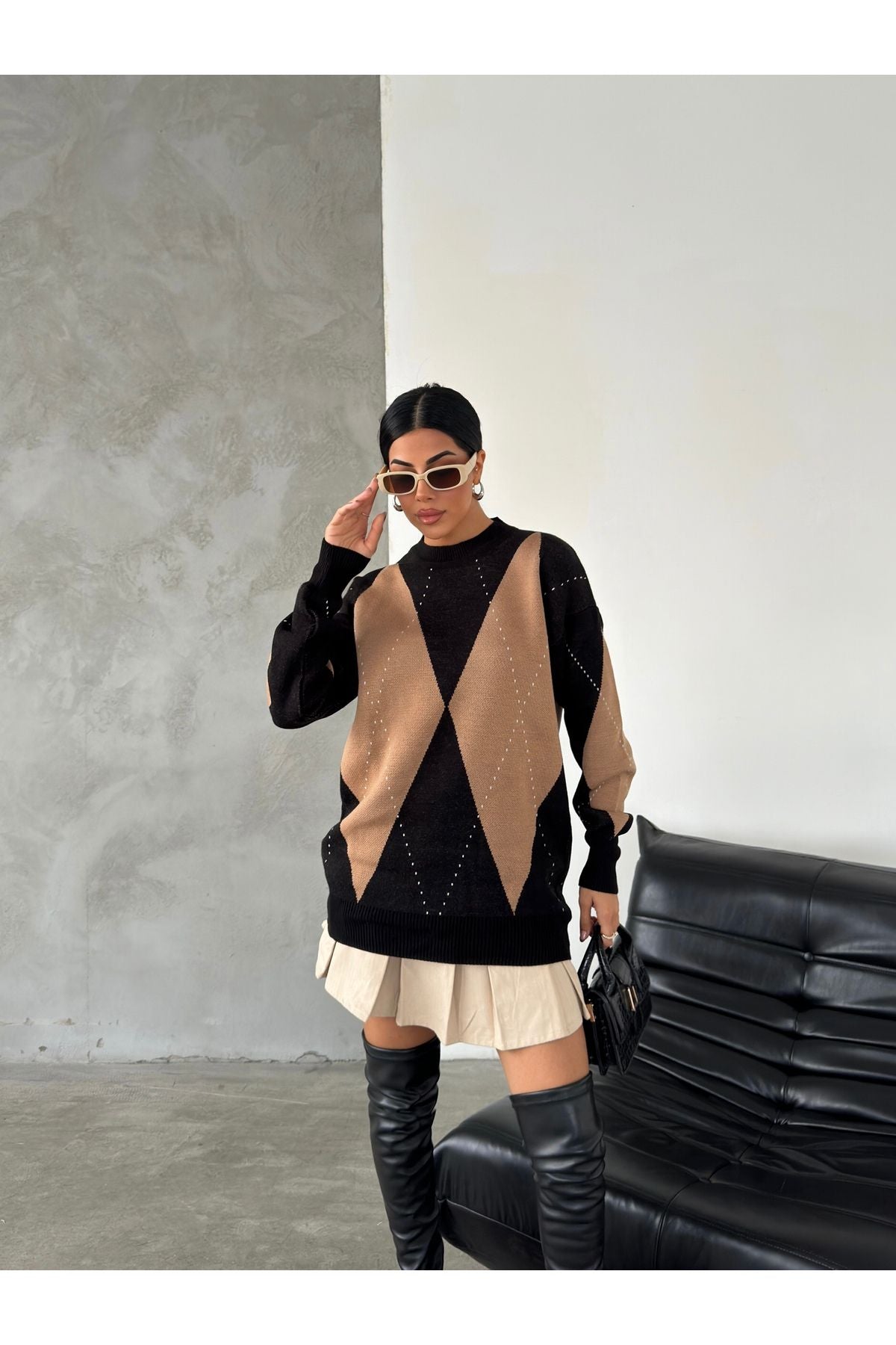 Grauer Diamantmuster Oversize Pullover