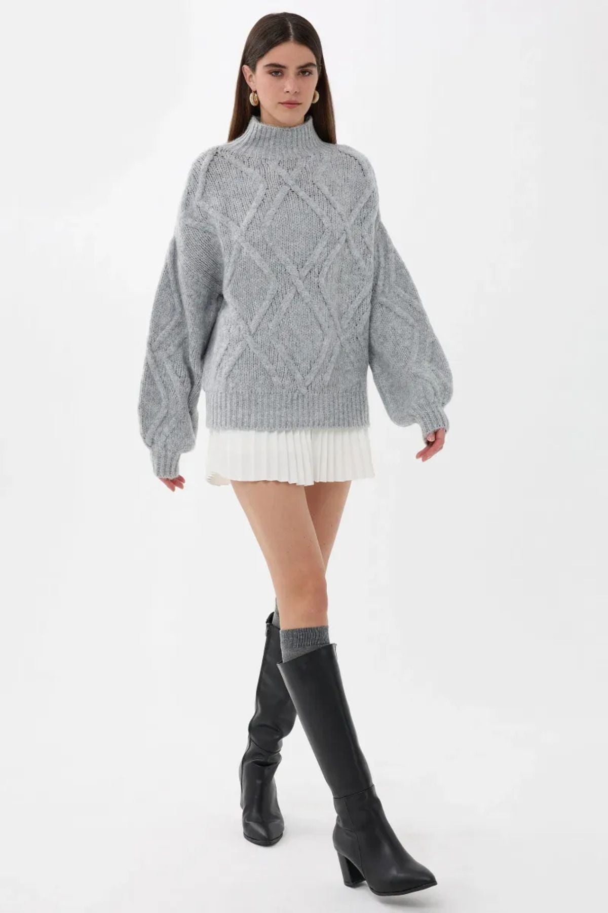 Textured Loose Cut High Neck Sweater