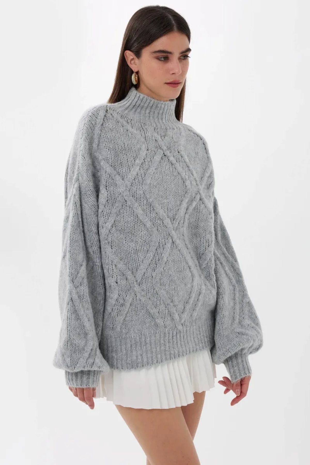 Textured Loose Cut High Neck Sweater