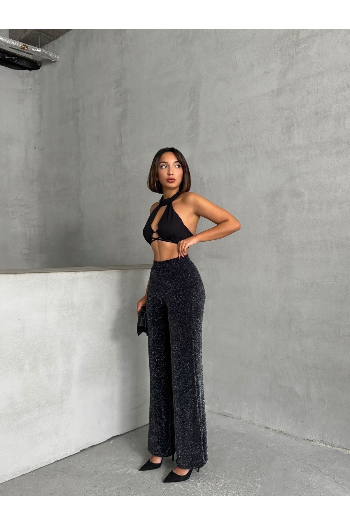 Palazzo Black Pants for Women with Glitter Detail