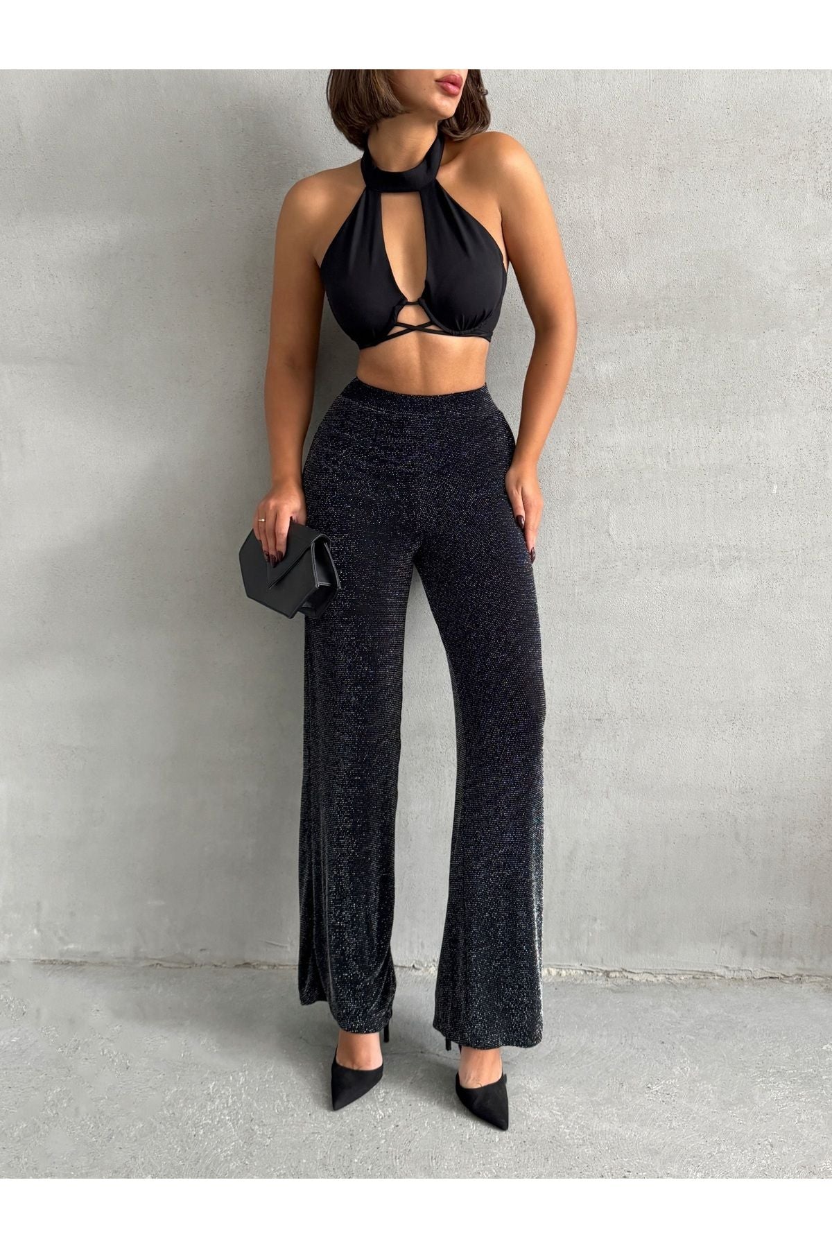 Palazzo Black Pants for Women with Glitter Detail