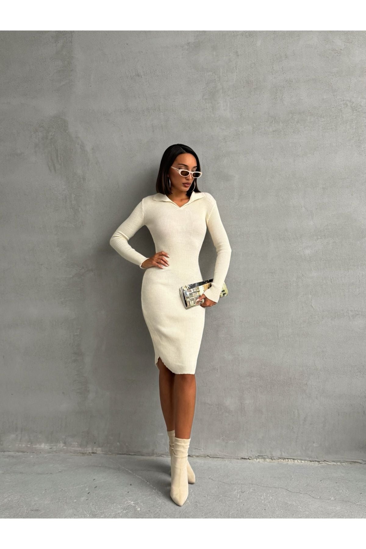 Beige Polo Neck Midi Knit Dress for Women