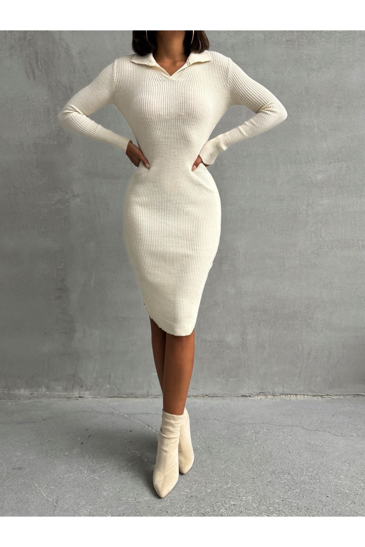 Beige Polo Neck Midi Knit Dress for Women