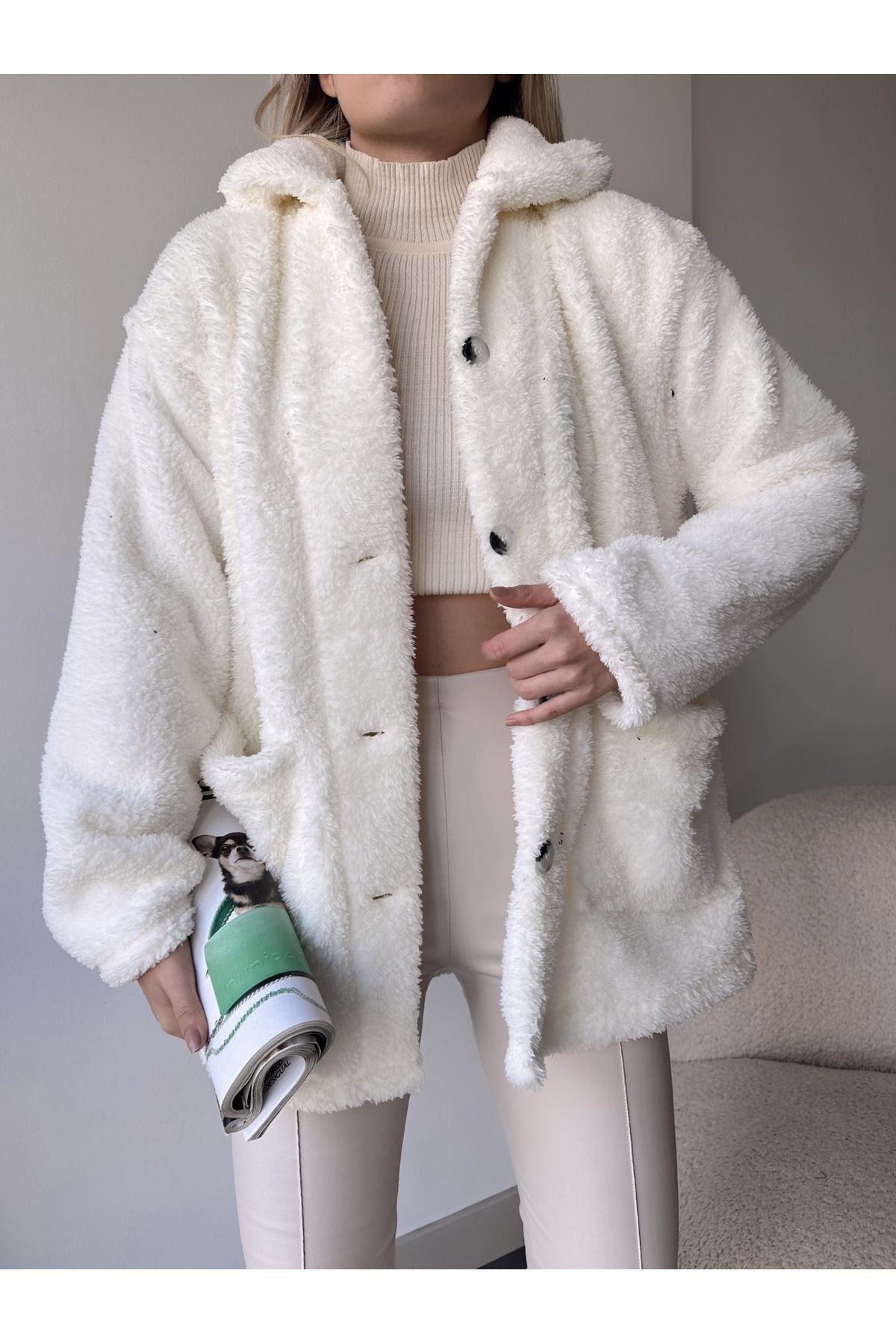 Oversized Button-Front White Plush Jacket for Women